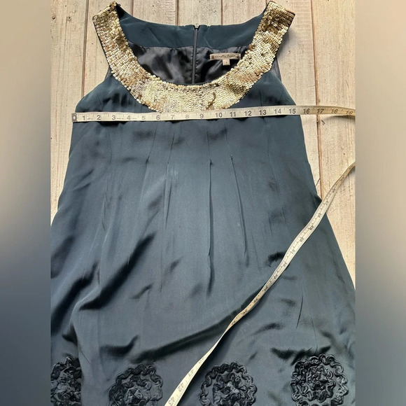 Nanette Lepore | silk | sequin | rosette | navy | gold | dress | size 4 - Picture 11 of 14